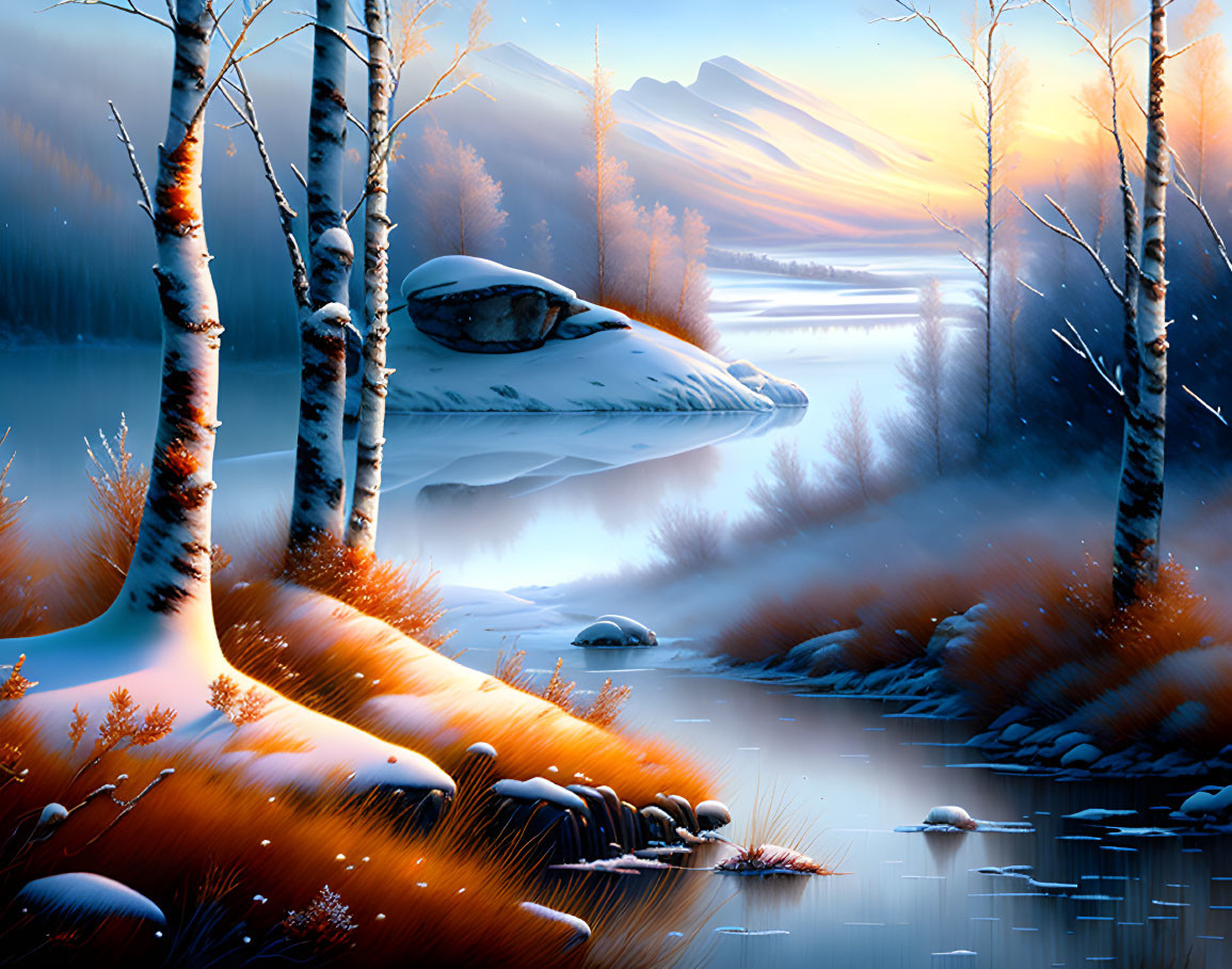 Snow-covered winter landscape with birch trees, frosted river, and distant mountains at twilight