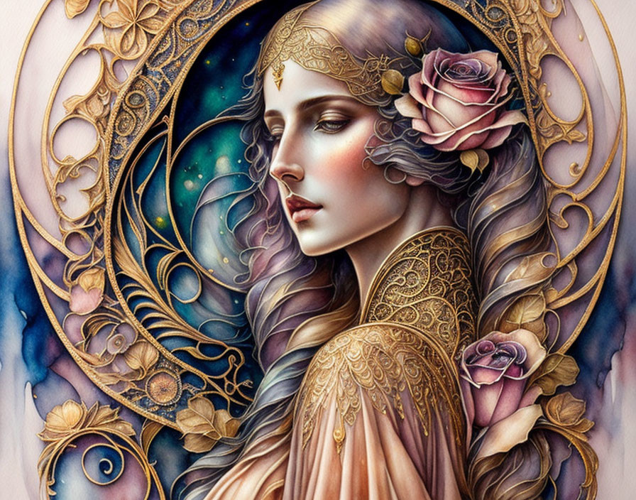 Ethereal woman with gold crown and celestial motif