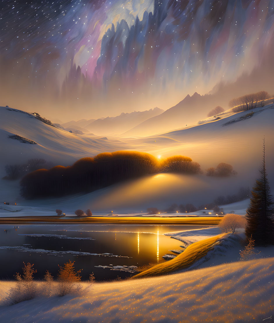 Snowy landscape at sunset with reflective lake, rolling hills, starry sky, and aurora lights