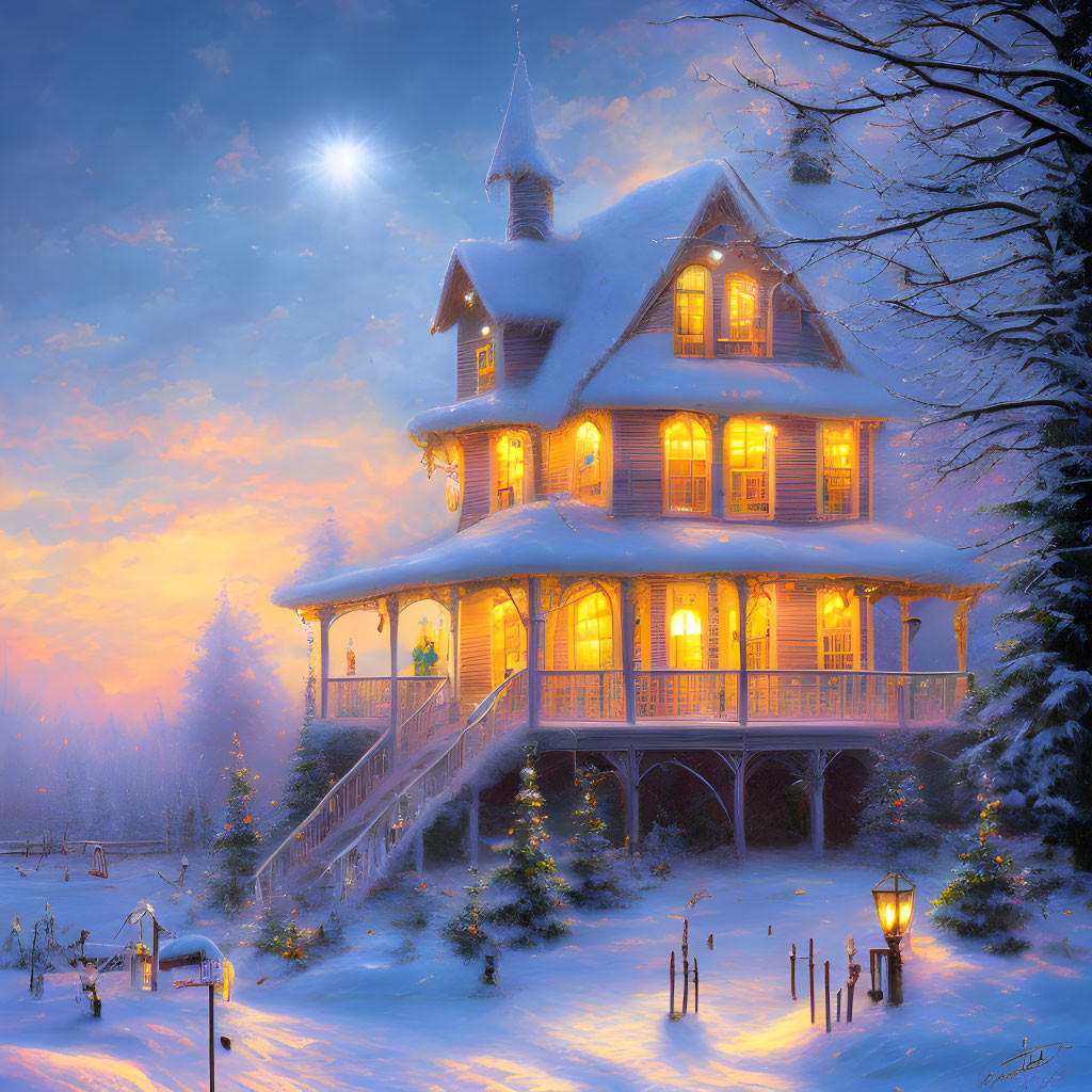 Victorian house in snowy twilight with glowing windows