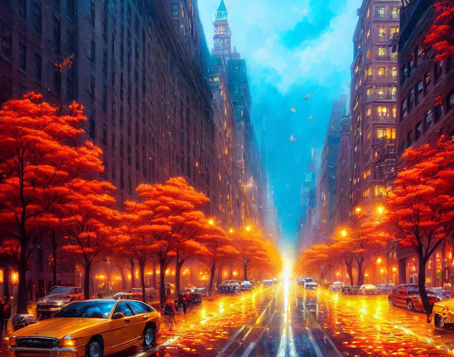 City Street Twilight Scene with Autumn Trees and Luminous Sky