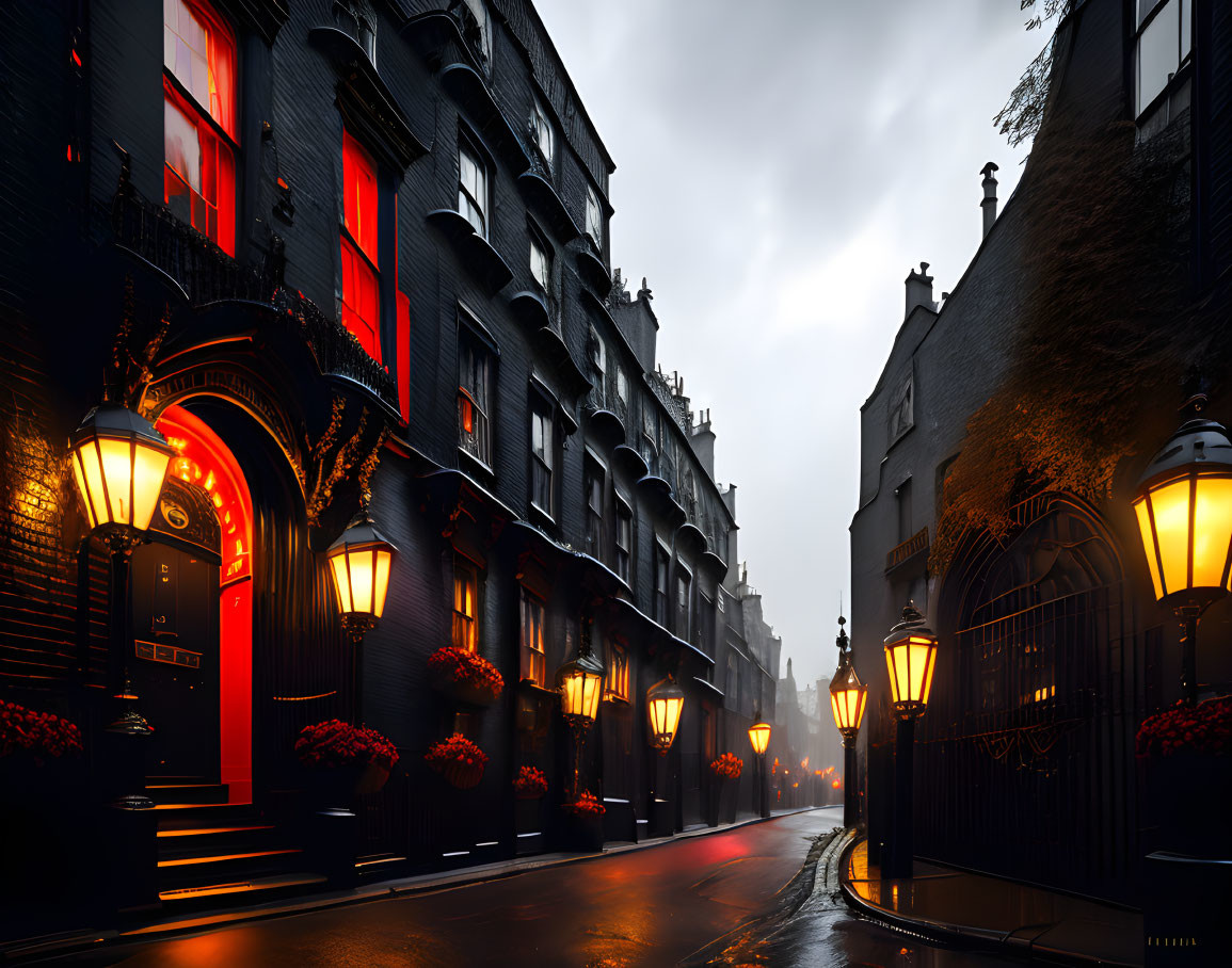 Dark alley with red-lit doorway and wet cobblestone street under overcast sky