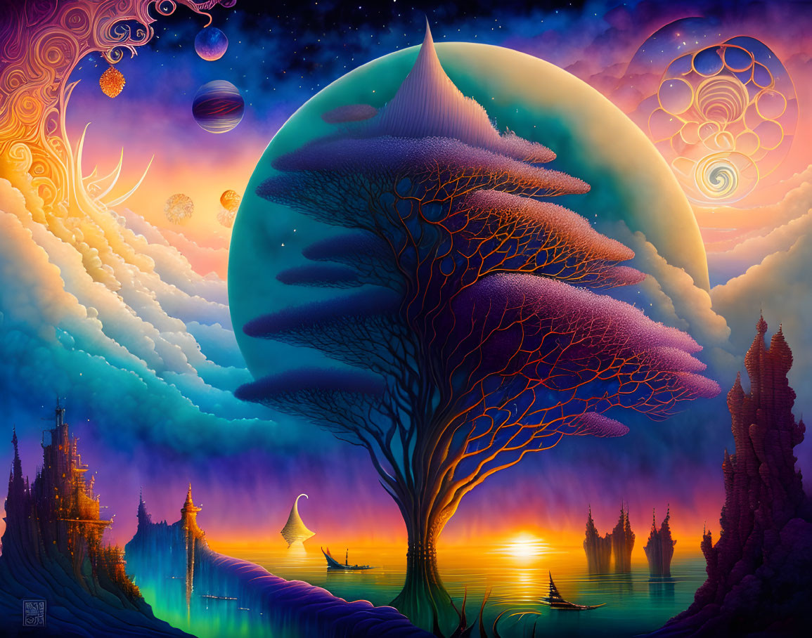 Colorful fantasy landscape with moon, tree, clouds, celestial bodies, and mystical structures.