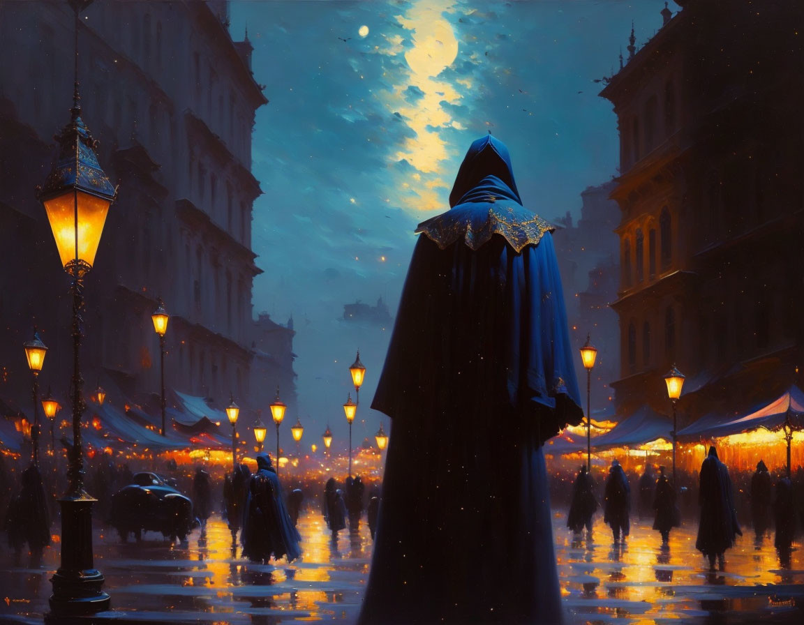 Cloaked figure in evening street scene under crescent moon