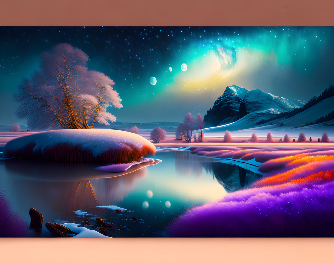 Colorful digital art landscape with night sky, stars, auroras, river, mountains, and foliage