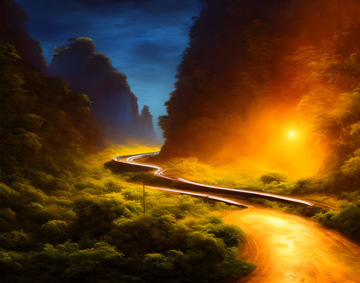 Sunset illuminates winding road in lush green forest