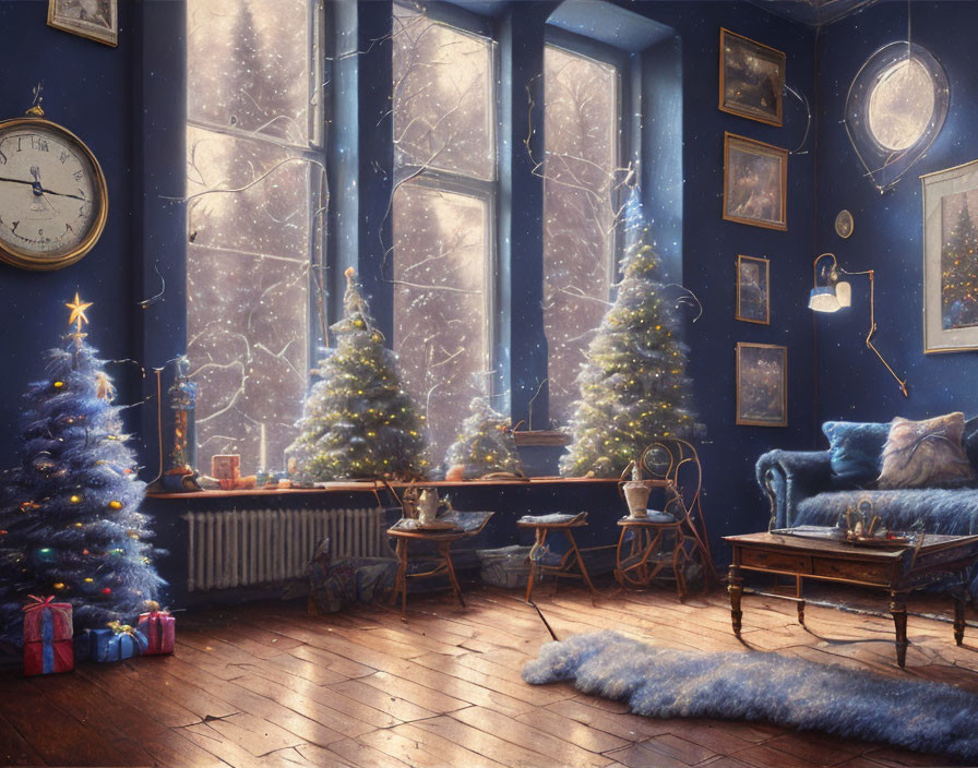 Festive room with Christmas tree, gifts, sofa, snow-covered windows