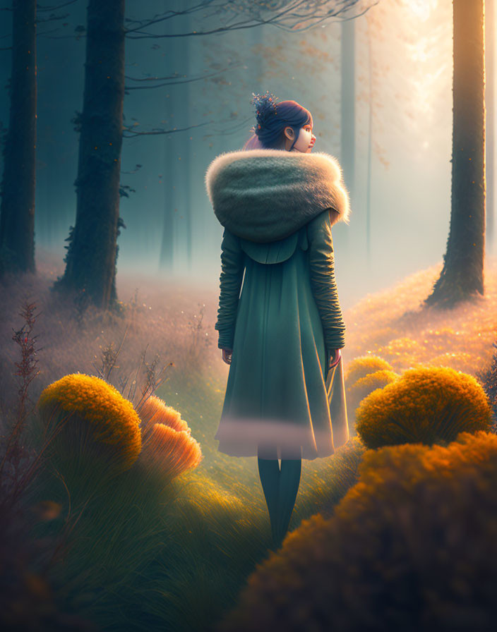 Woman in warm coat standing in forest with soft golden light and foggy atmosphere