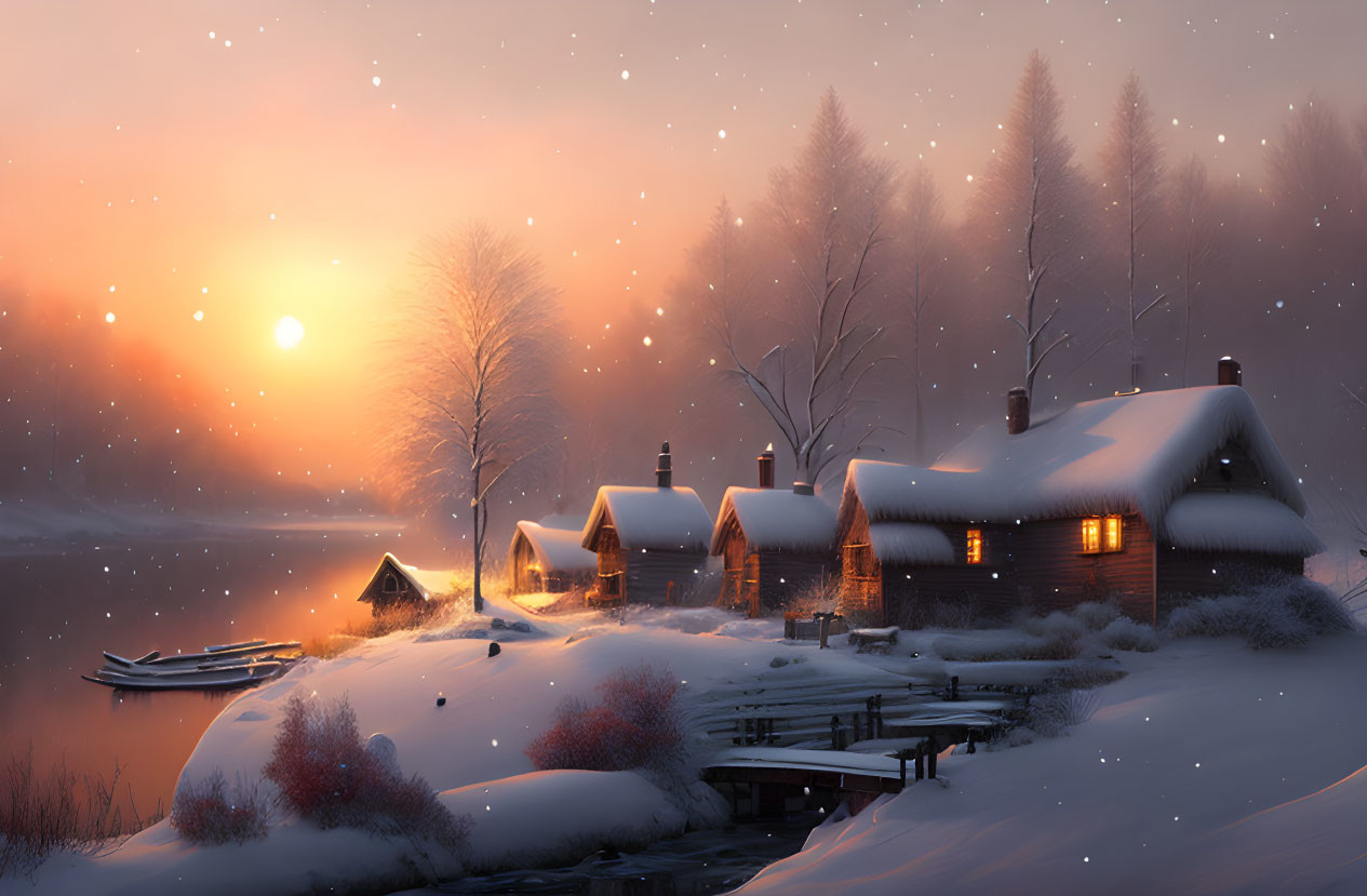 Winter scene: Snow-covered cabins near lake with smoking chimneys, surrounded by trees under orange sky.