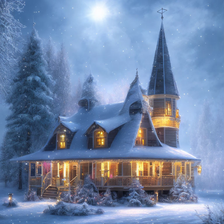 Snow-covered house with warm lights in starry night scene