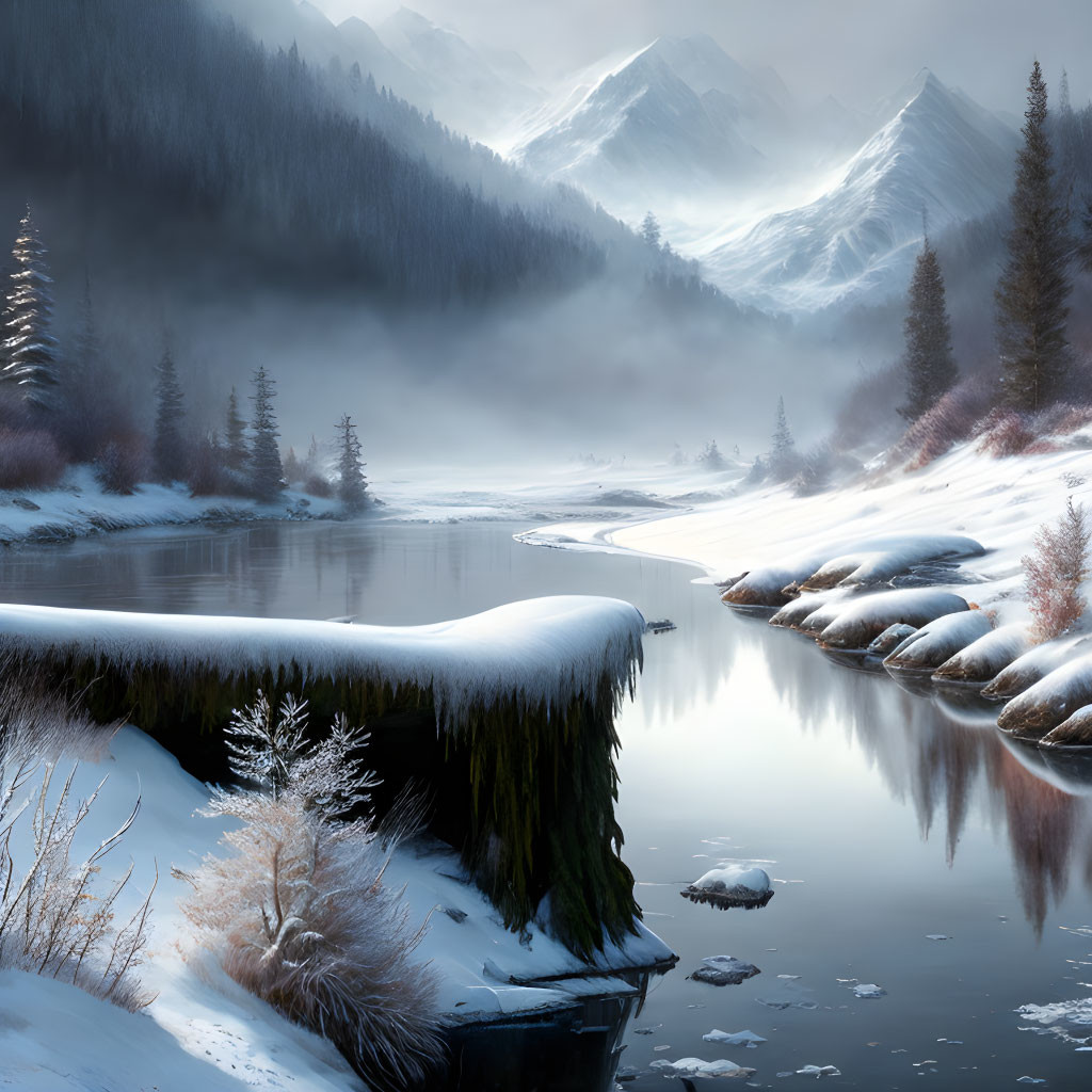 Snowy Riverbank with Misty Mountains and Frosted Trees