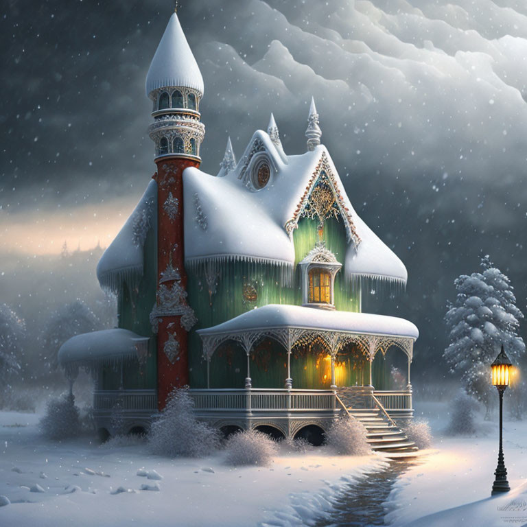 Victorian-style house in snow-covered night scene with illuminated windows