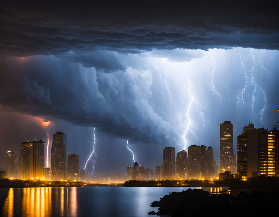 Dramatic nocturnal cityscape with lightning bolts and rain reflections