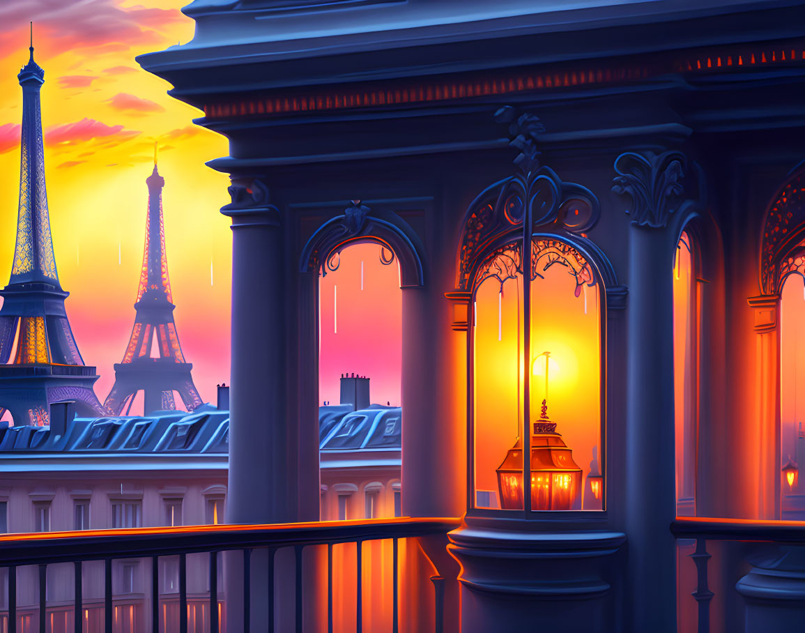 Sunset view: Eiffel Tower, Parisian buildings, lantern, twilight sky