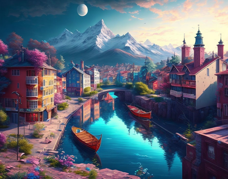 Scenic waterfront town at sunset with colorful buildings, river, boats, and snow-capped mountains.