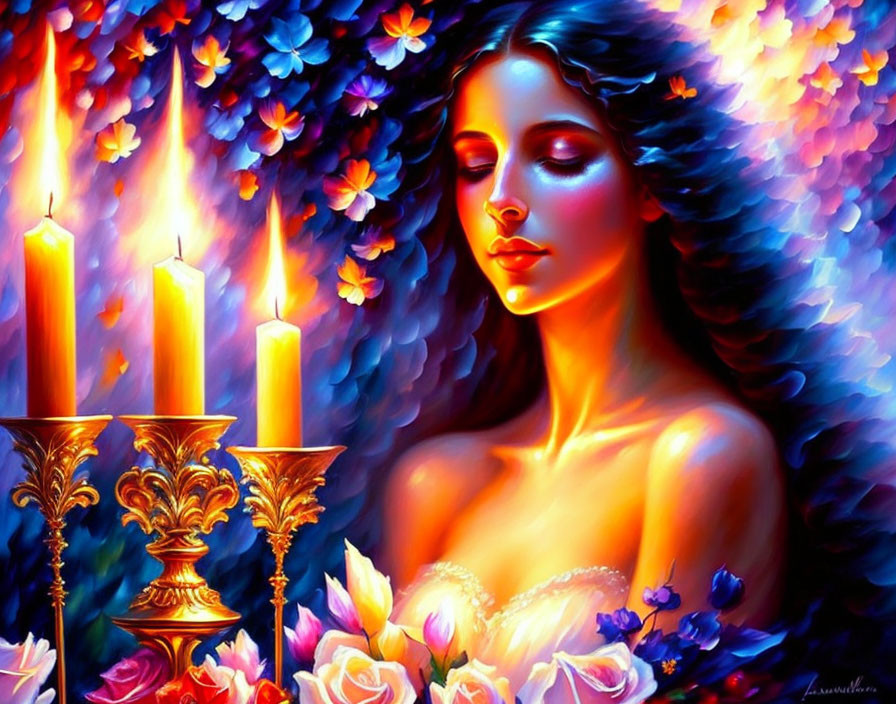 Colorful painting of woman with flowers and candles in dreamy setting