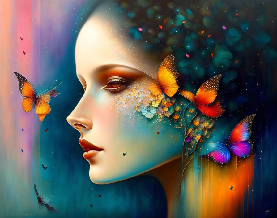 Vibrant woman's profile with butterflies and flowers in abstract setting