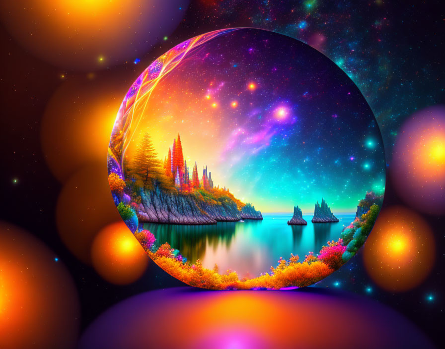 Colorful Fantasy Landscape in Bubble with Nebula Sky & Luminous Trees