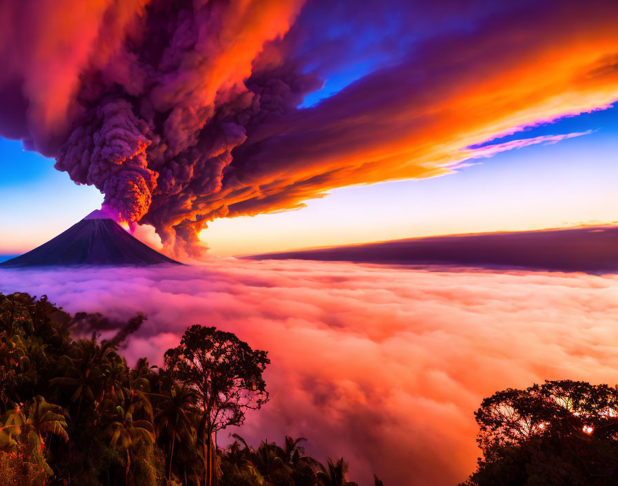 Dramatic volcanic eruption under sunset sky