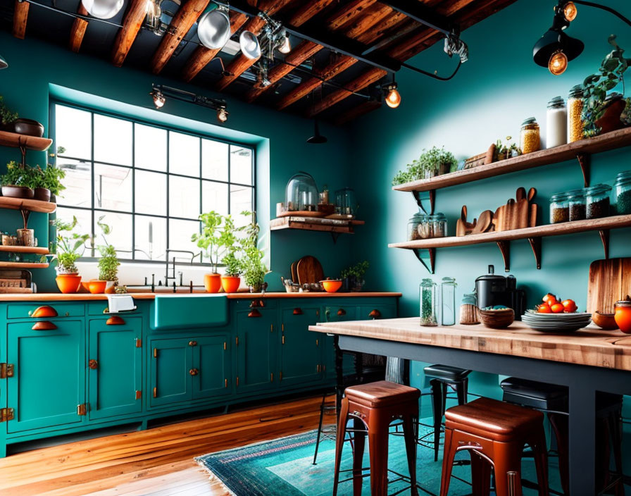 Teal Cabinets, Wooden Countertops, Island & Shelves in Stylish Kitchen