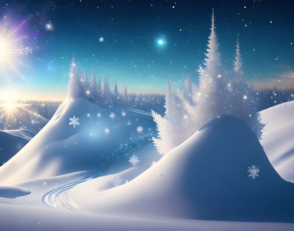 Snow-covered hills and pine trees in serene winter night scene