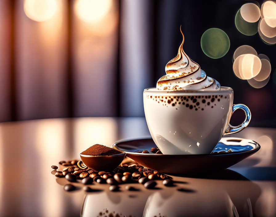 Whipped cream coffee cup with chocolate spoon and beans