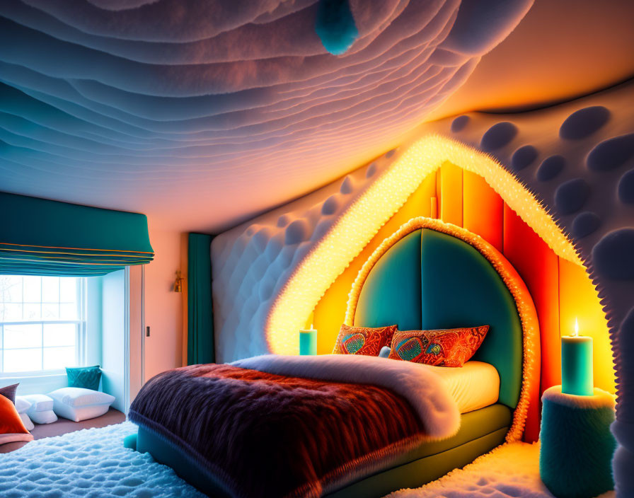 Colorful Bedroom with Glowing Arch Headboard & Wavy Ceiling