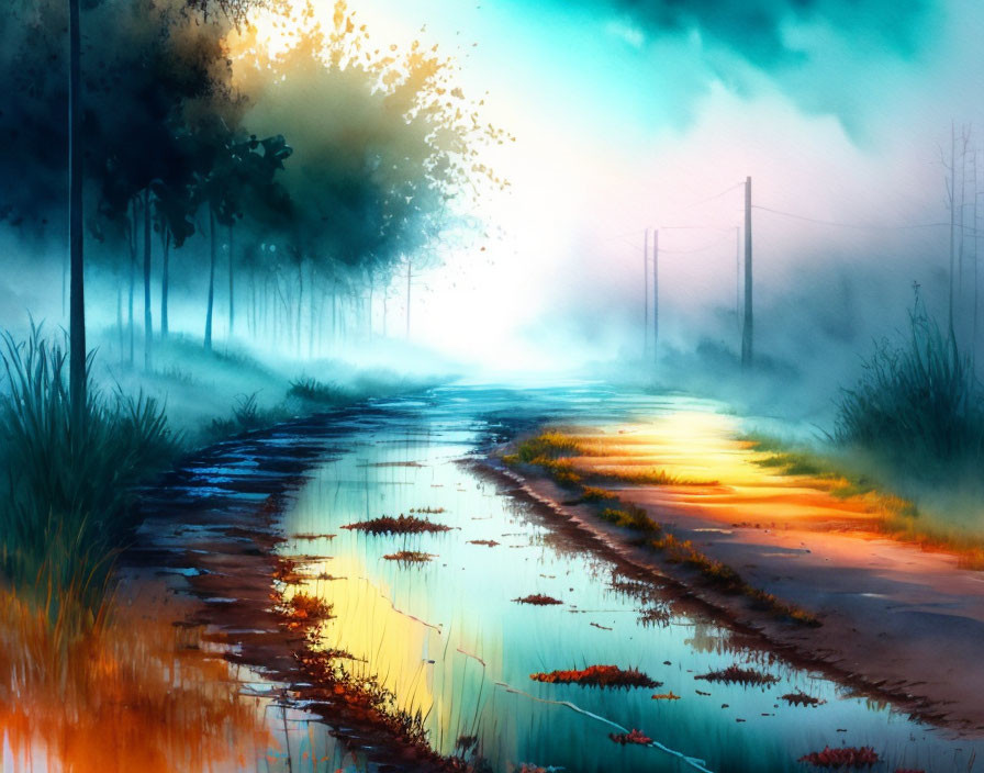 Misty country road digital painting with reflections and colorful sky