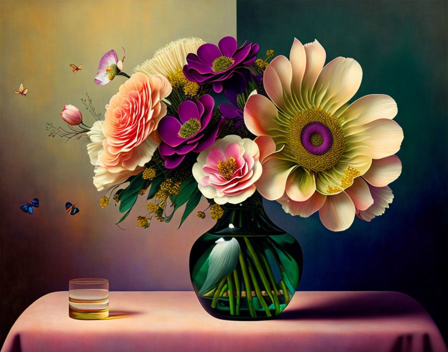 Vibrant bouquet in glass vase with butterflies on draped table