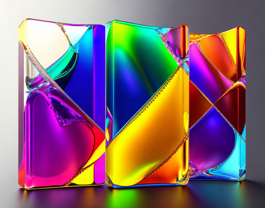 Iridescent Glass Blocks Reflecting Light on Grey Background