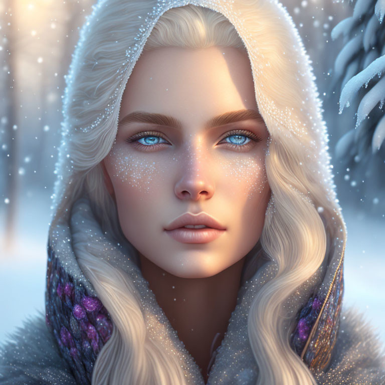 Pale-skinned woman with blonde hair in snowy digital illustration.