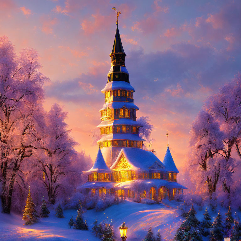 Enchanting multi-tiered tower with blue roofs in snowy landscape