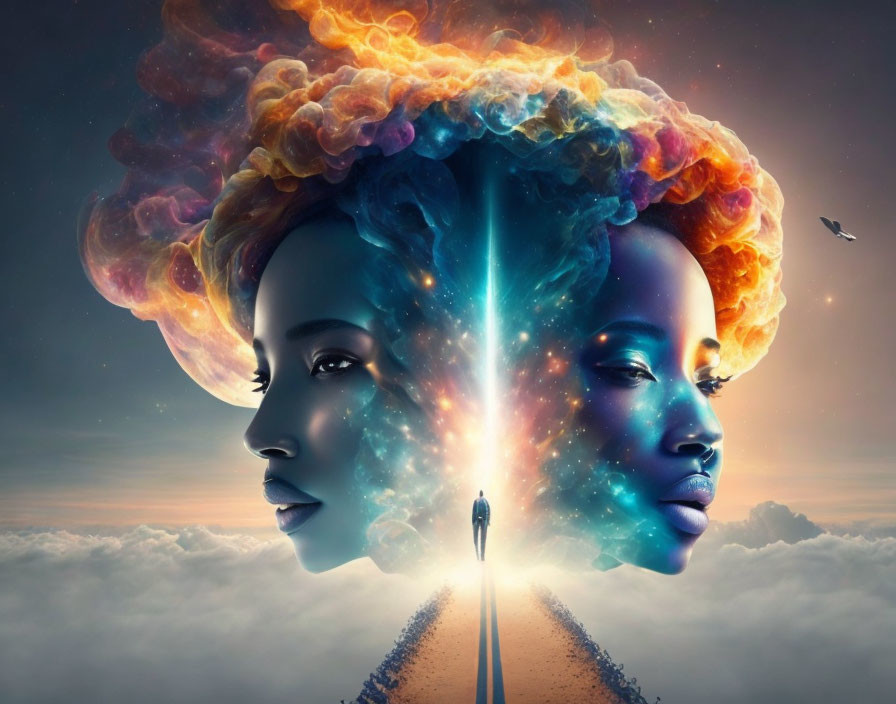 Surreal dual faces with cosmic hair over cloudy path.