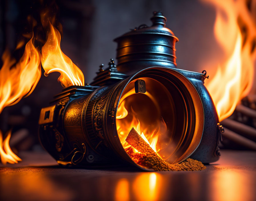 Vintage Camera: Fire and Sand on Dark Background