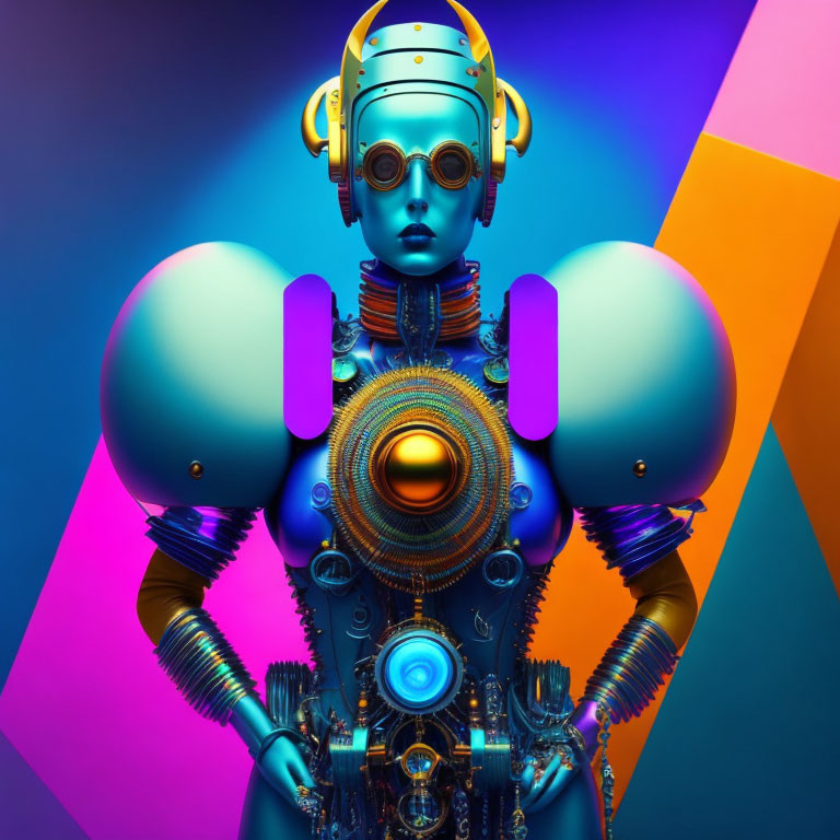 Futuristic humanoid robot in blue and yellow tones on colorful geometric backdrop