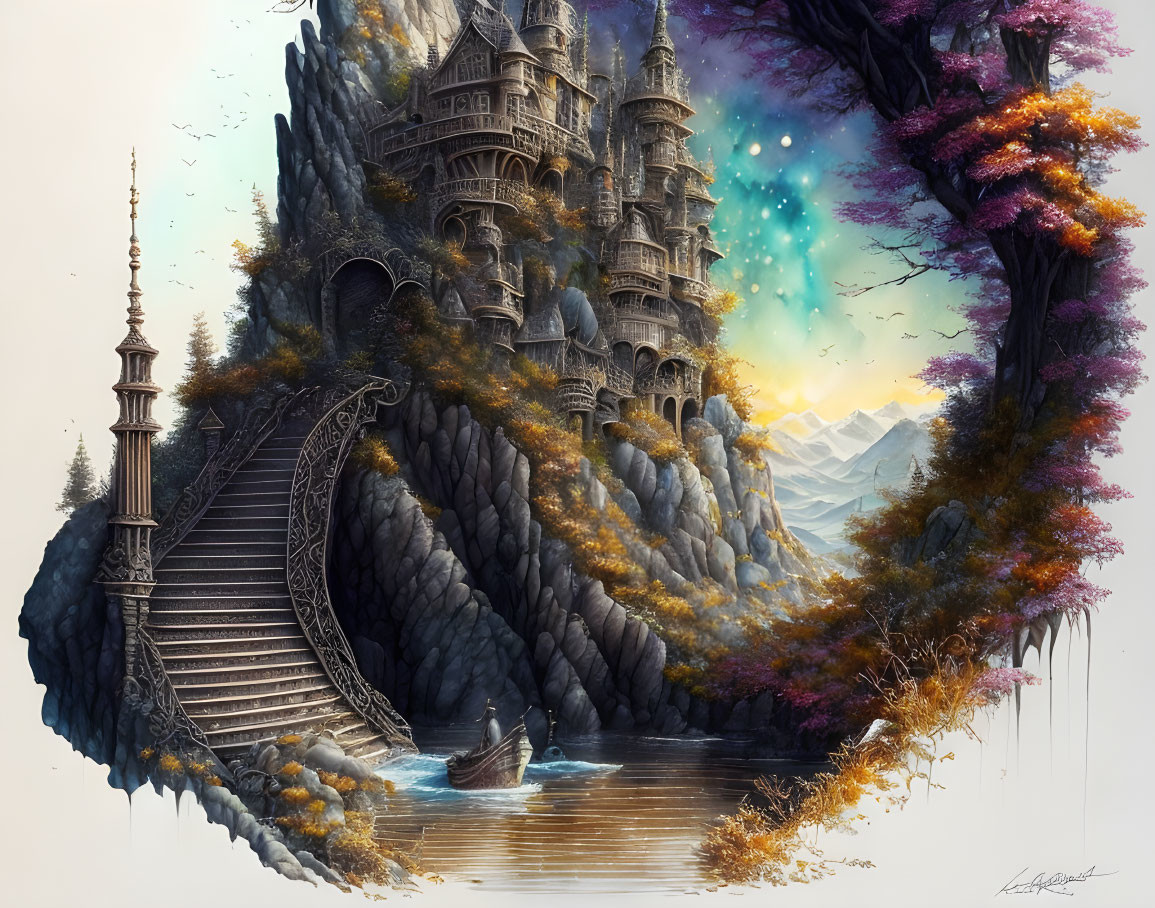 Fantasy castle with spires on cliffs, staircase to boat, magical trees