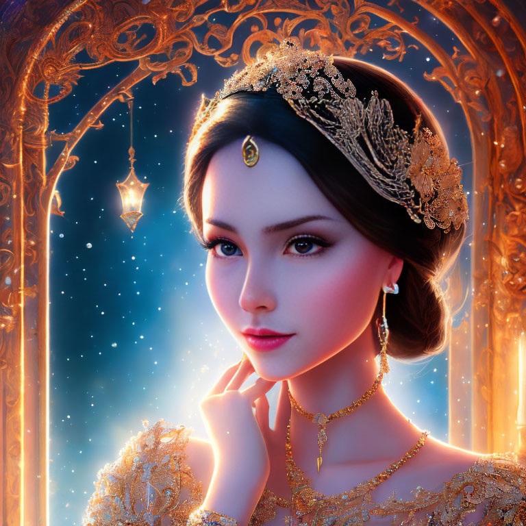 Portrait of Woman with Elegant Jewelry and Tiara Against Starry Backdrop