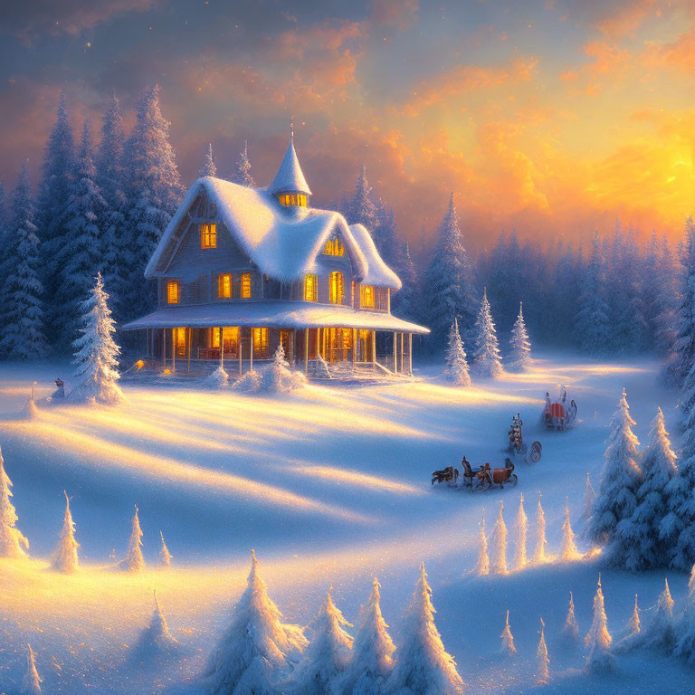 Snow-covered trees surround warmly lit cottage with horse-drawn sleighs at dusk