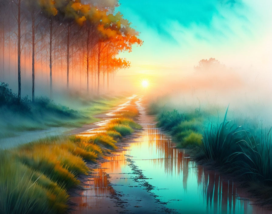 Tranquil sunrise landscape with sunlit path, misty trees, and water reflection