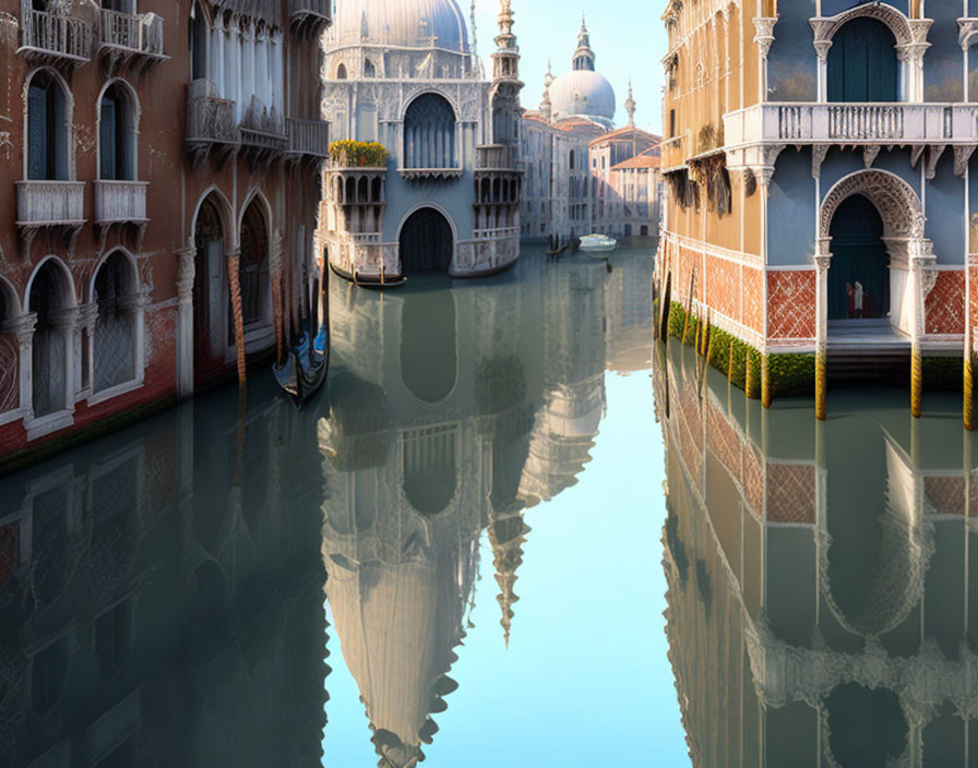 Historic buildings and gondola in serene Venetian canal