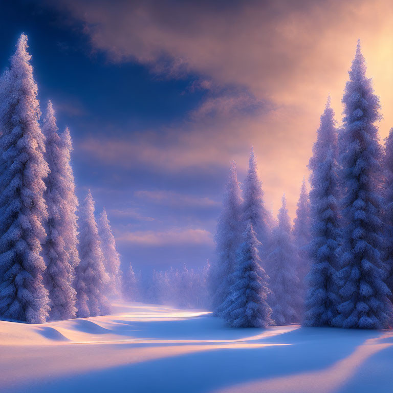 Tranquil winter landscape: snow-covered trees, purple sky, soft light