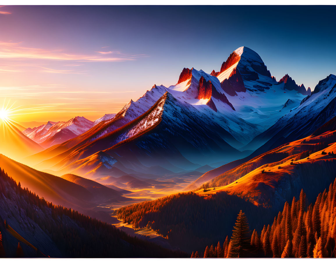 Majestic Snow-Capped Mountain Range at Sunrise