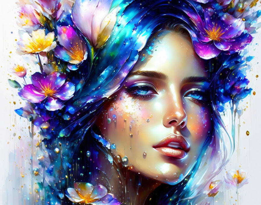 Colorful digital portrait of a woman with floral hair and paint splatter theme