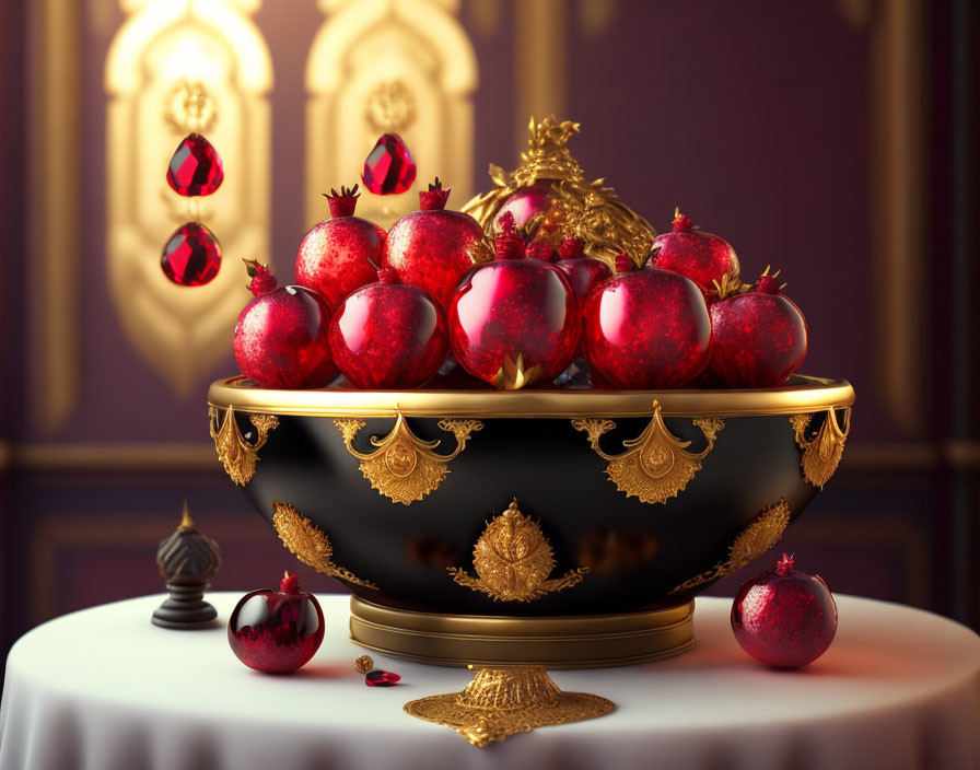 Luxurious bowl with shiny red pomegranates and gold detailing on white table against purple backdrop.