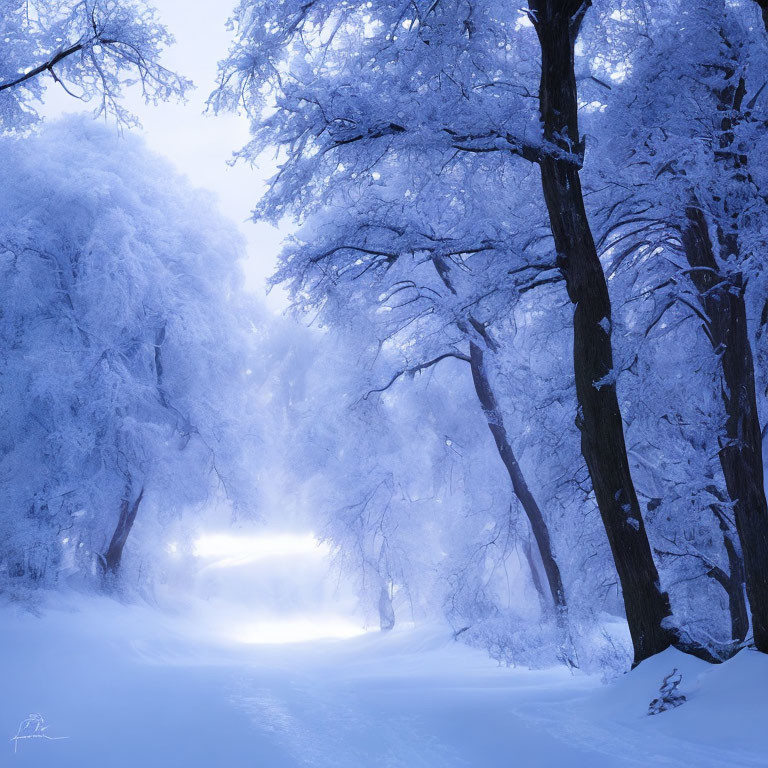 Snowy landscape with snow-covered trees and path under soft glow