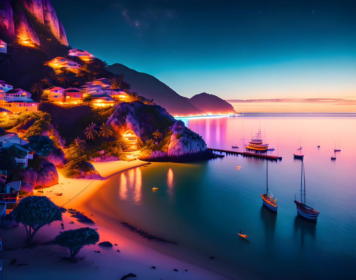 Twilight coastal village with illuminated homes, boats, beach, and starry sky