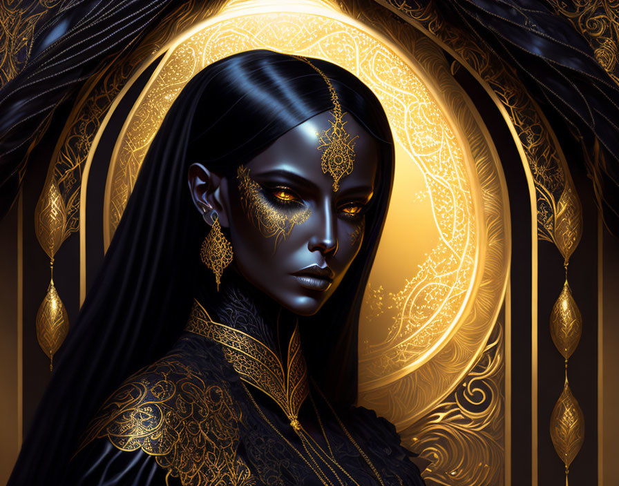 Dark-skinned woman with intricate golden jewelry and tattoos in luminous circular backdrop