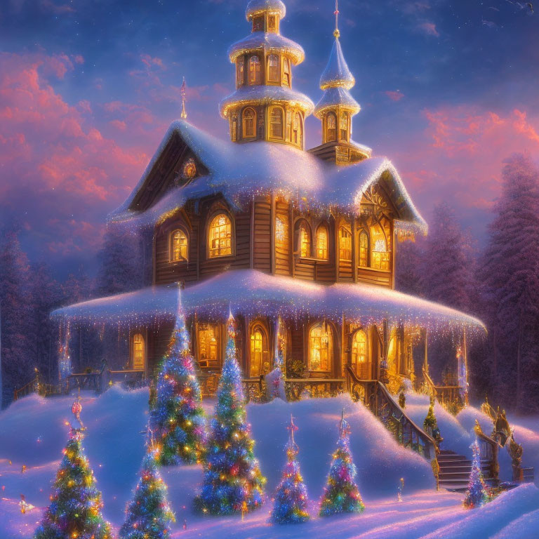 Snow-covered multi-story wooden house in snowy Christmas scene at dusk