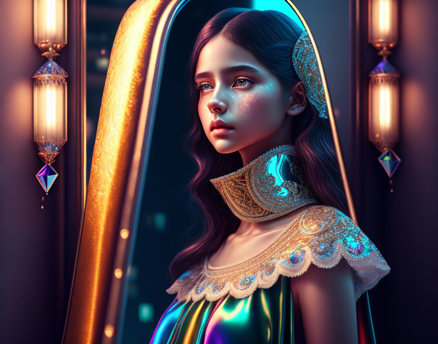 Digital art portrait: Young girl with luminescent skin, holographic dress, gold jewelry, and