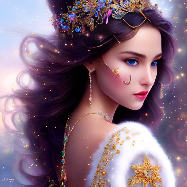 Digital illustration: Woman with purple hair, blue eyes, white outfit & gold accessories